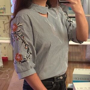 Striped Blouse with Flowers Embroidered Sleeves